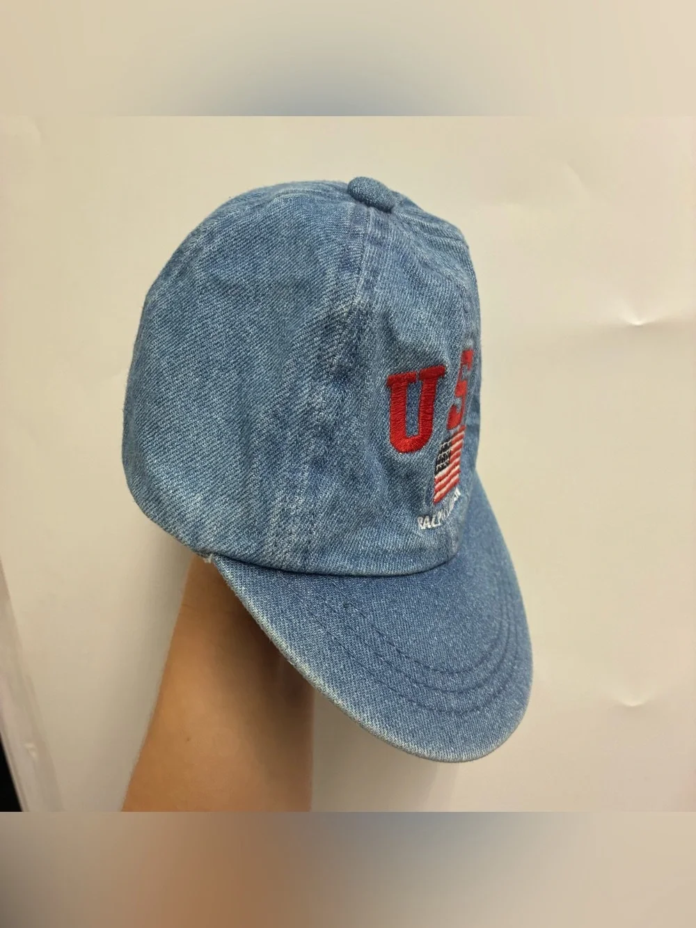 Vintage 90s Ralph Lauren Blue Jean Denim Hat Cap USA Flag One Size Toddler